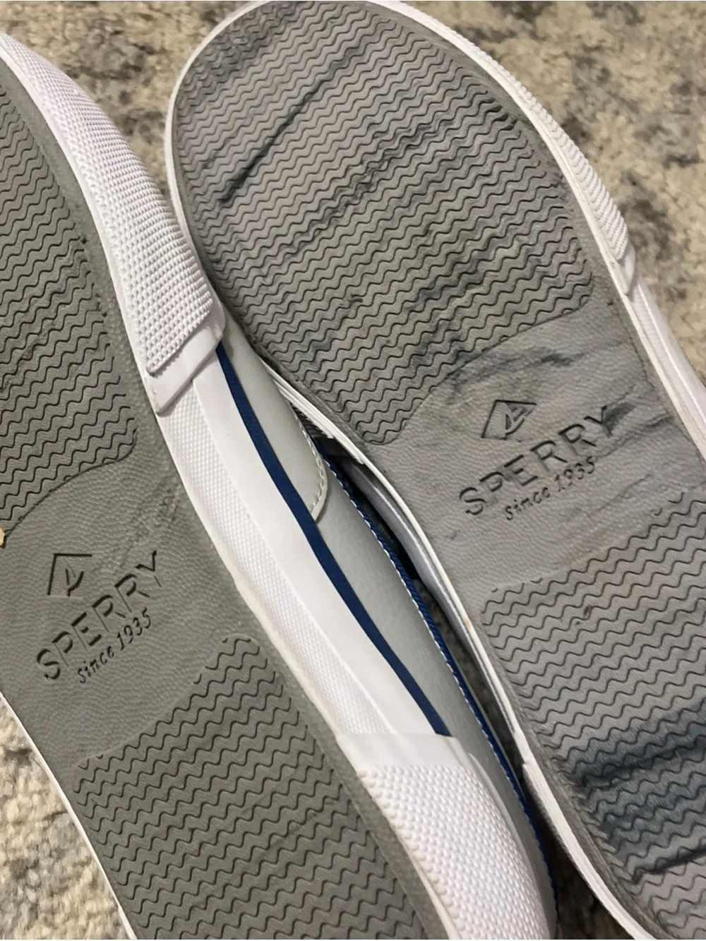 Sperry Men’s Light Gray Perforated Boat Shoes with Blue Accent